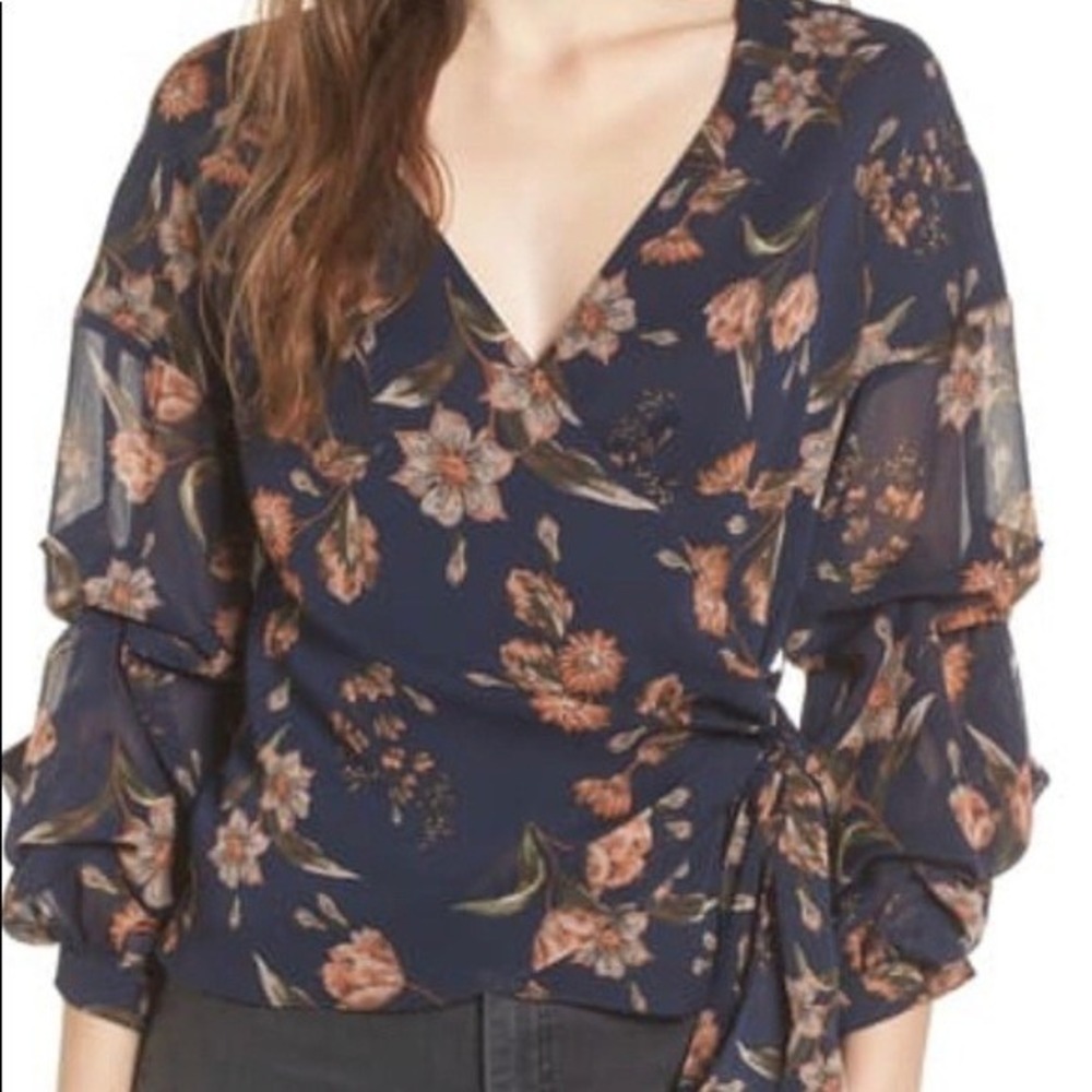 ASTR the Label Floral Blouse Tie Front Ruffle‎ Sleeve Sheer Top Size S Boho